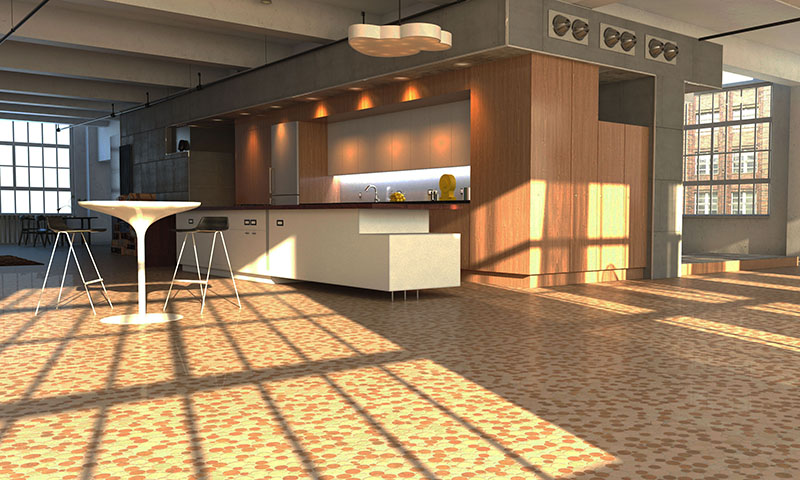 3d visualisatie inrichting binnenafwerking impressie woninginrichting vloer wanden gerenderd mozaïek mosaic miro woninginrichting