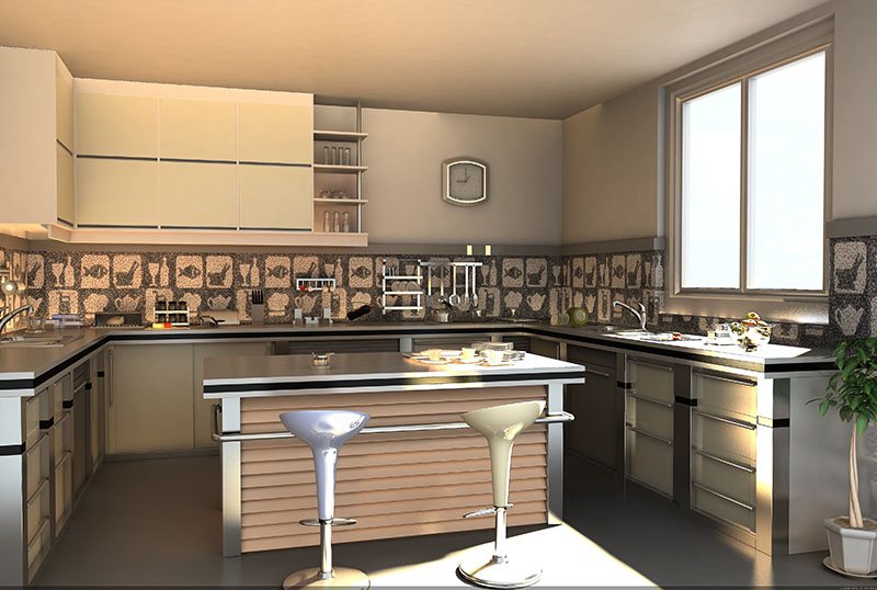 3d visualisatie inrichting binnenafwerking impressie woninginrichting vloer wanden gerenderd mozaïek mosaic miro keuken