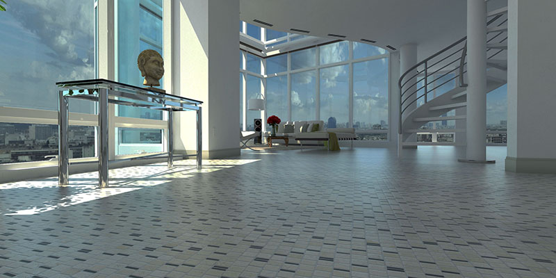 3d visualisatie inrichting binnenafwerking impressie woninginrichting vloer wanden gerenderd mozaïek mosaic miro keuken